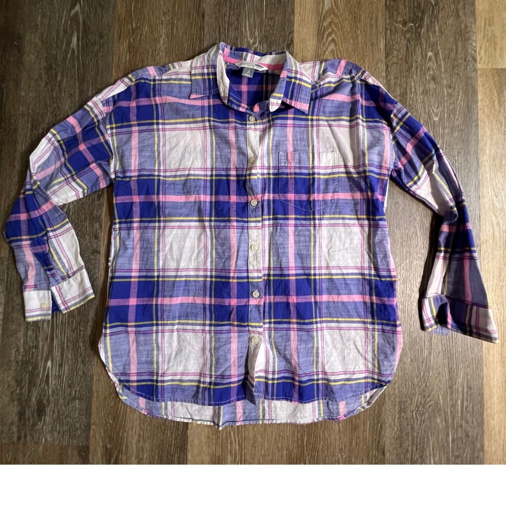 Old Navy The Boyfriend Shirt Womens Large Petite Purple Pink Plaid Button Down